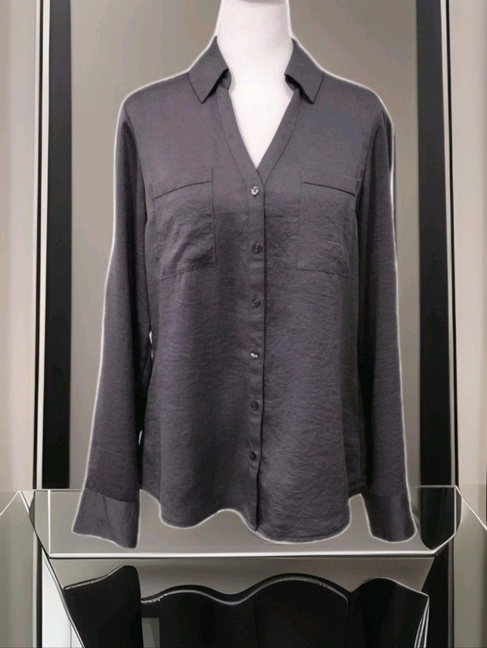 Women's Gray Button-Up V-Neck Shirt By Express